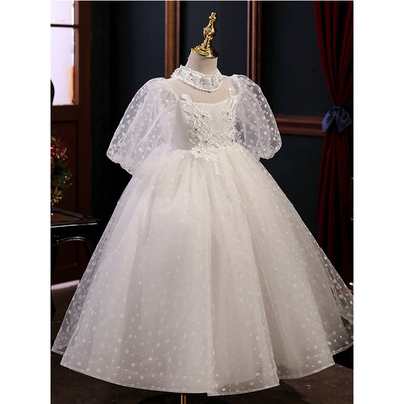 Vestido de niña de las flores para primera comunión, blanco, de princesa, de manga larga y esponjoso. 