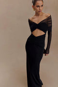 Sheer Mesh Cutout Off Shoulder Patchwork Maxi Dress