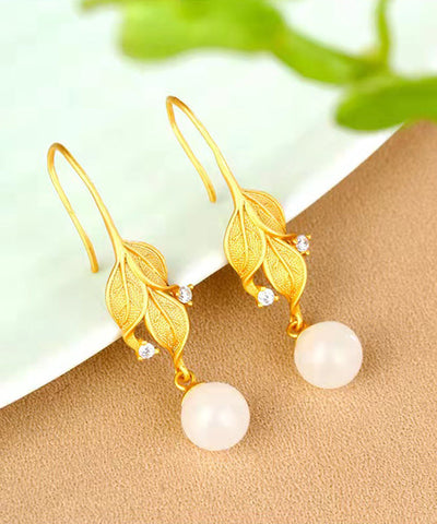 Damen Gold Sterling Silber Overgilt Zirkon Jade Blatt Tropfen Ohrringe 