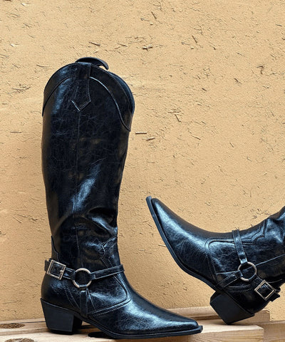 Botas gruesas de empalme de moda con punta puntiaguda de cuero sintético marrón 
