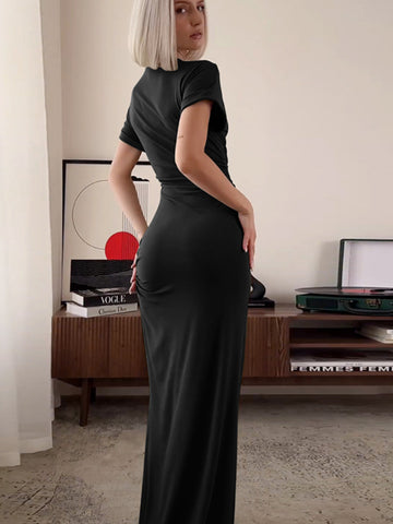 Women's Elegant O Neck Maxi Dress Short Sleeve Slim High Waist Dress Sexy Side Slit Evening Club Bodycon Dress Lady