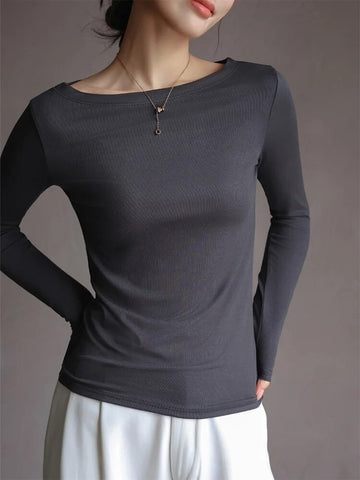 Autumn Women's T-Shirts Modal Layering Tops Solid Color Sexy Slash Neck Slim Classic Elegant Korea Winter Female Blouse