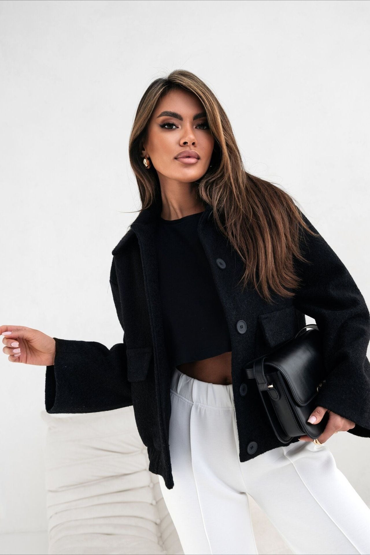 Trendy Solid Wool Pocket Elastic Snap Coat