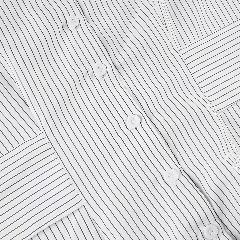 Striped Button Down Shirt Tie Waist Lapel Blouse