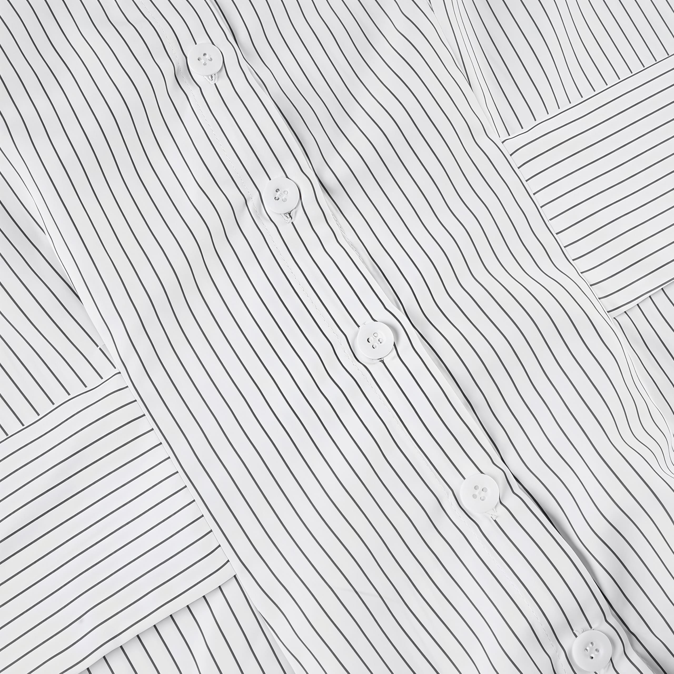 Striped Button Down Shirt Tie Waist Lapel Blouse