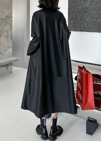 Mode Schwarz Peter Pan Kragen Kunstleder Patchwork Faltig Taste Trenchcoats Langarm 