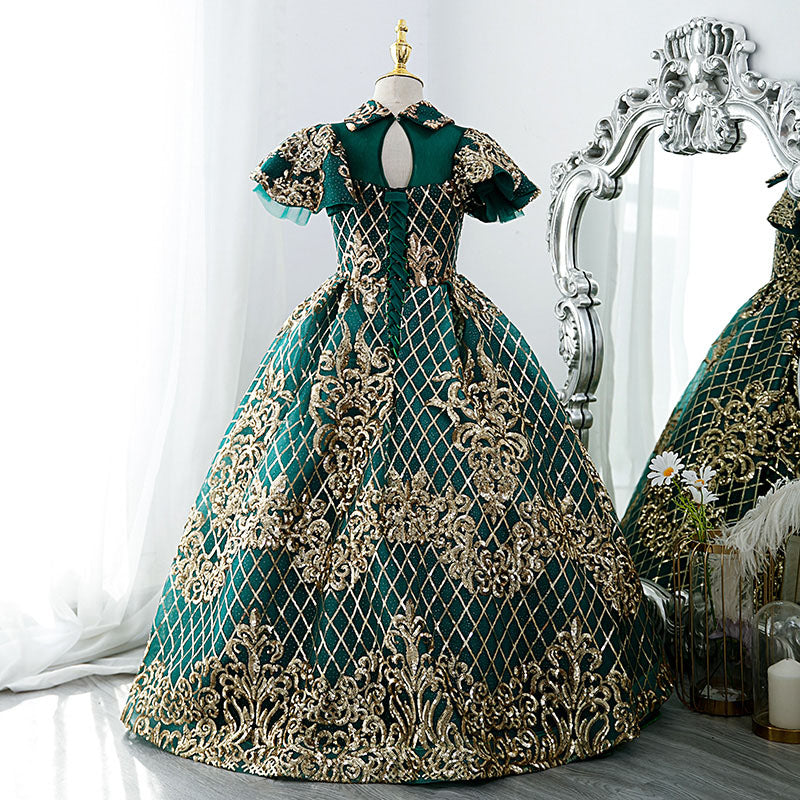 Mädchen Festkleid Kinder Vintage Wunderschönes grünes goldenes Pailletten-Party-Prinzessinnen-Kommunionskleid 