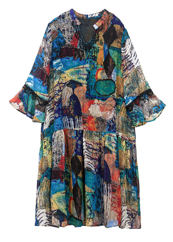 Modernes blaues Chiffon-Partykleid mit V-Ausschnitt und Patchwork-Print und Armbandärmeln 