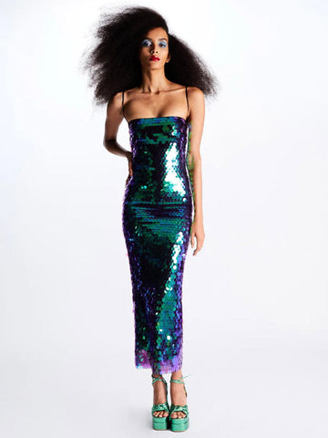 Sparkle Maxi Dress Spaghetti Straps Backless Sequins Prom Dresses