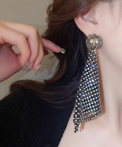 Classy Black Alloy Zircon Rhombus Hollow Out Drop Earrings