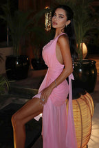 Sweet V Neck Halter Ruched Mesh Maxi Dress