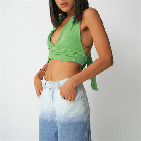Tossy Sexy V-Ausschnitt Neckholder-Tanktops Rückenfrei Bodycon Geraffte Grüne Cropped Camis Hot Chic Sommer Party Top Clubwear Camisole 