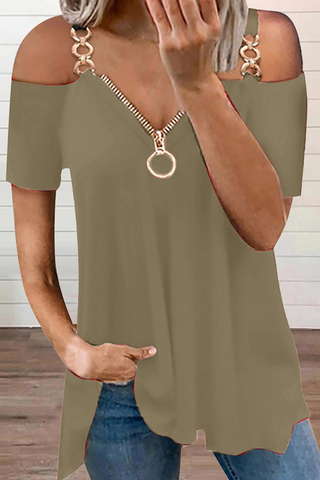 Casual Solid Chains Zipper V Neck T-Shirts(6 Colors)