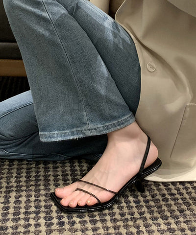 Sandalias negras de tacón alto de piel de vacuno con estilo Peep Toe 