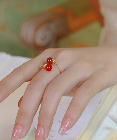 Anillos abiertos de ágata dorada en plata de ley roja retro 