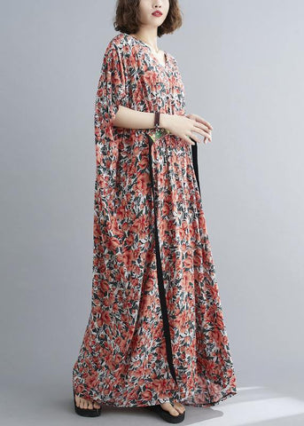 Style Red Print Button Summer Cotton Dress