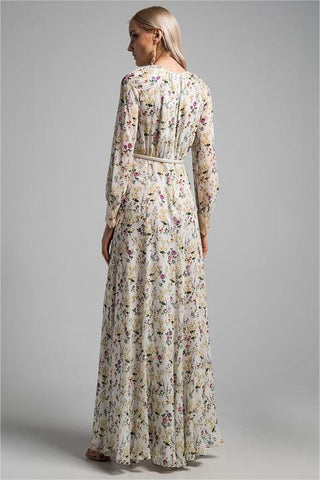 Floral Pleat Round Neck Maxi Dress With Belt