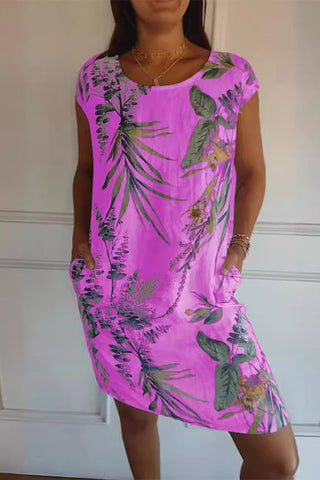 Vestido casual con estampado floral, cuello redondo y bolsillos 