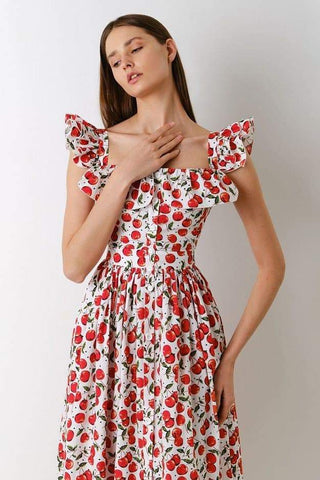 Vestido midi con volantes y estampado de cerezas de Griselda 