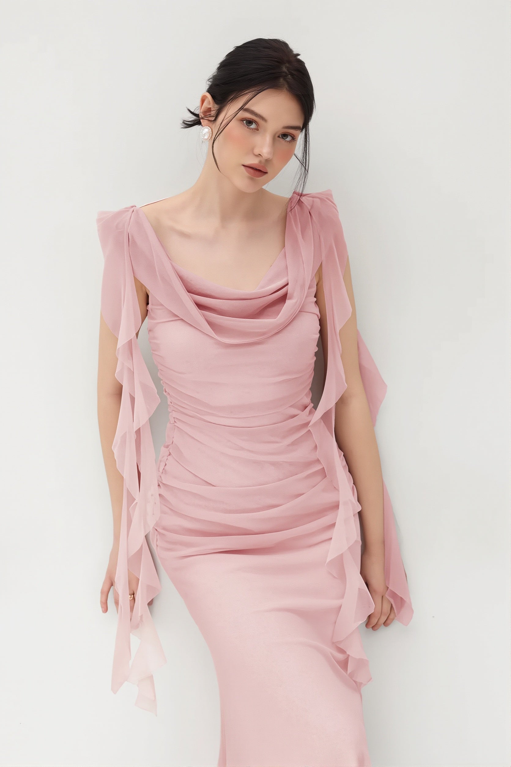 Lace Strap Backless Ruffle Maxi Dress