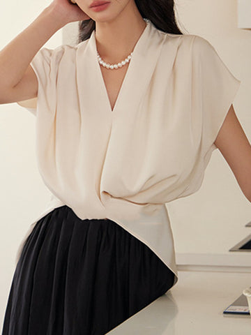 Loose Raglan Sleeve Knot Pleated Solid Color Split-Joint V-Neck Blouses&Shirts Tops