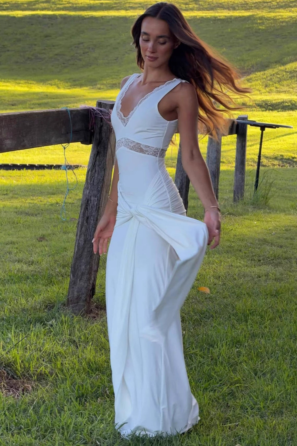 Lace Panel Bodycon With Tie Straps Maxi Dress