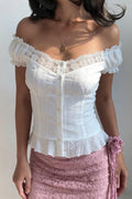 Lace Hollow Button Puff Sleeve Blouse