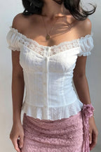 Lace Hollow Button Puff Sleeve Blouse