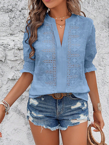 Half Sleeves Loose Elasticity Embroidered Hollow Solid Color V-Neck Blouses&Shirts Tops