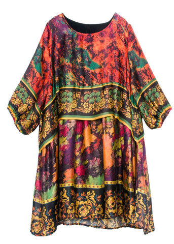 Edles grünes Oversize-Kleid aus mittellanger Seide mit Batikmuster und Laternenärmeln 