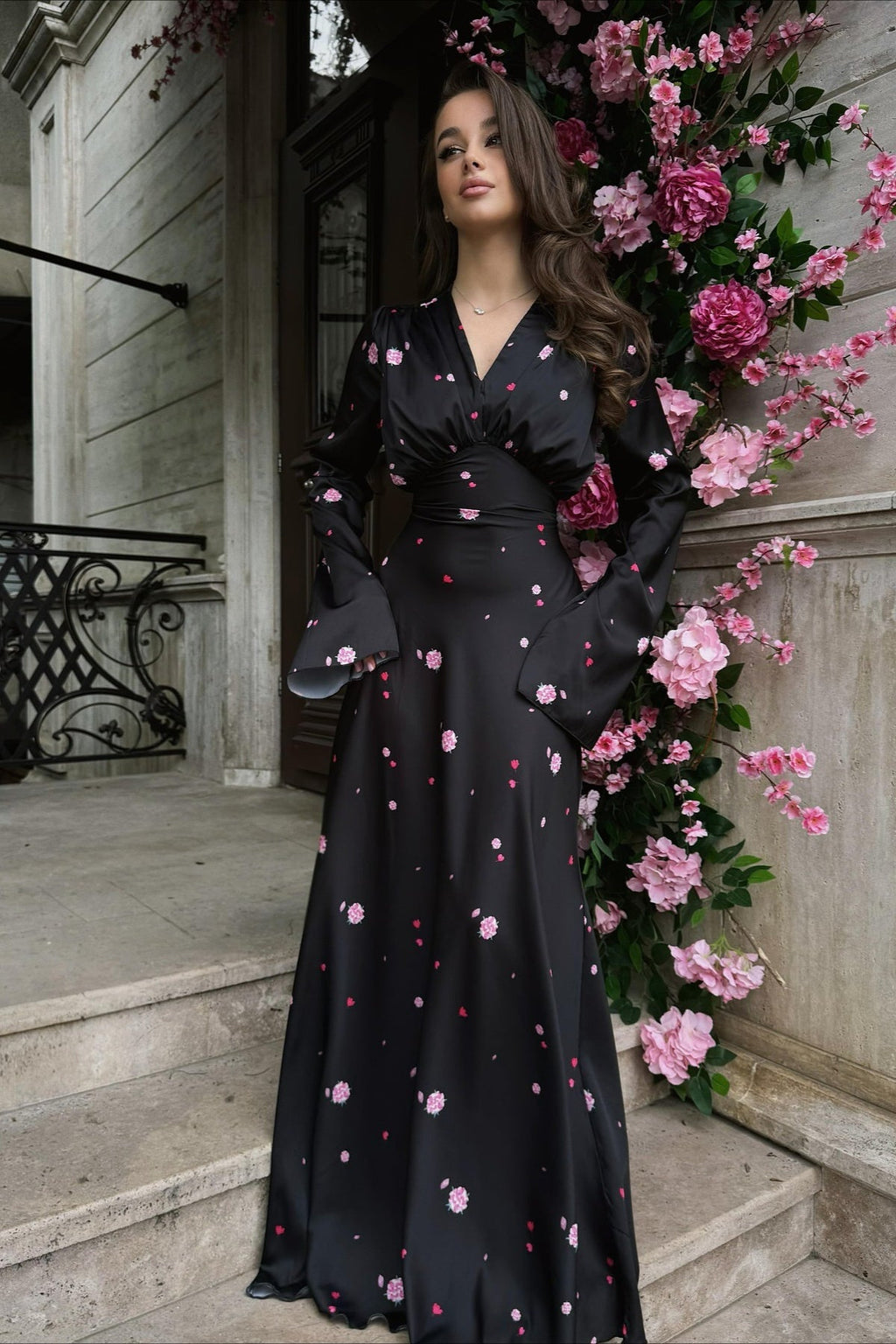 Satin Floral Long Sleeve Bodycon Maxi Dress
