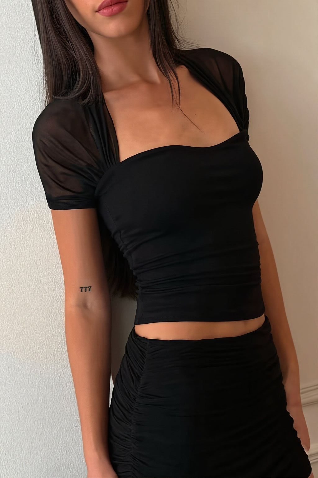 Solid Mesh Splice Sheer Casual Blouse