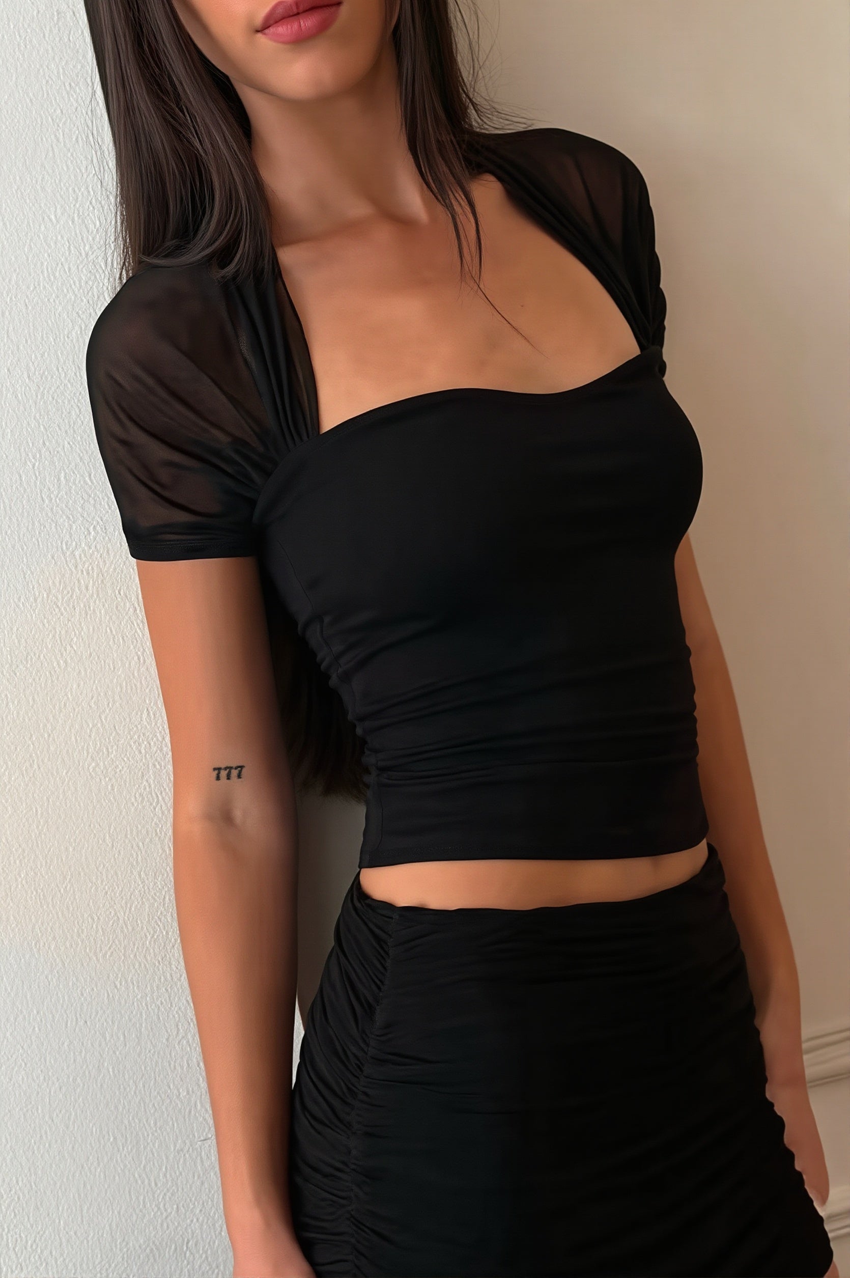 Solid Mesh Splice Sheer Casual Blouse