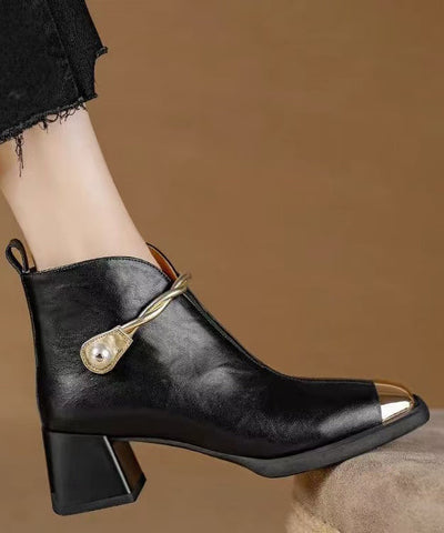 Stilvolle Splicing Chunky Heel Stiefel Schwarzes Rindsleder 