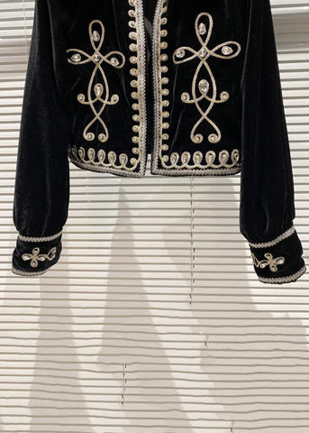 Nuevos abrigos de terciopelo de seda con patchwork de circonitas y cuello alto negro para otoño 