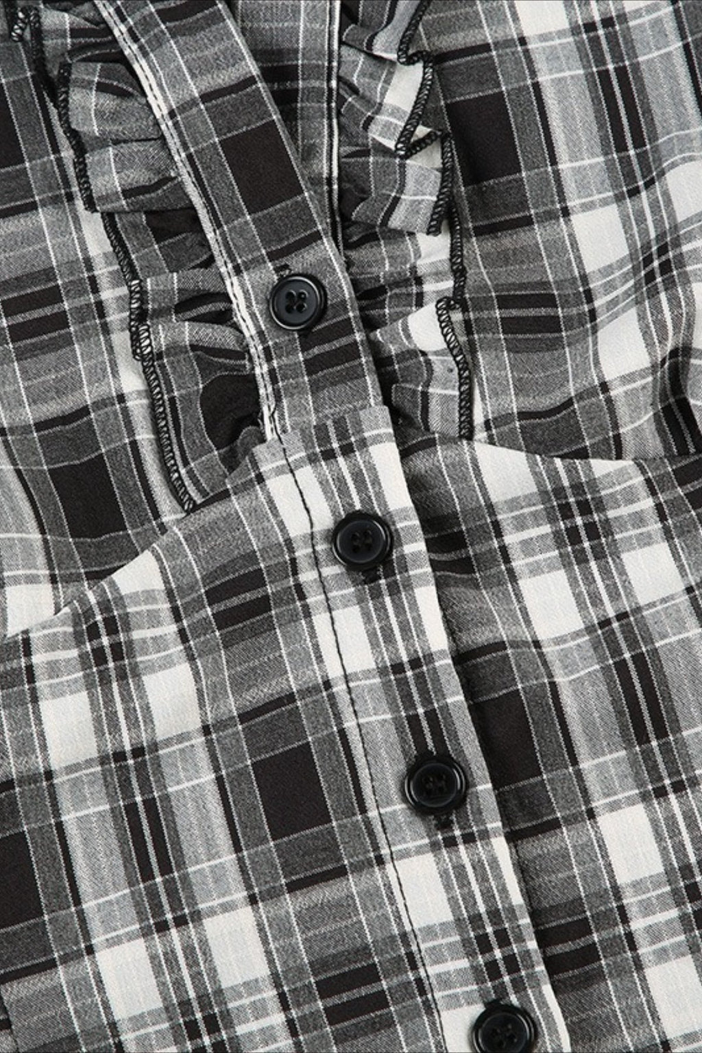 British Plaid Ruffled V Neck Puff Sleeve Blouse