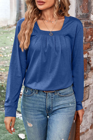 Tops casuales de cuello cuadrado con pliegues sólidos 
