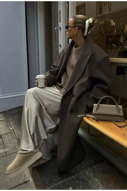Elegant Casual Solid Color Double-Breasted Long Overcoat