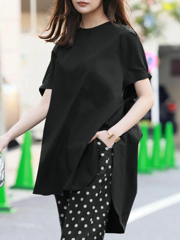 High-Low Loose Elasticity Solid Color Split-Side Rundhals-T-Shirts Tops 