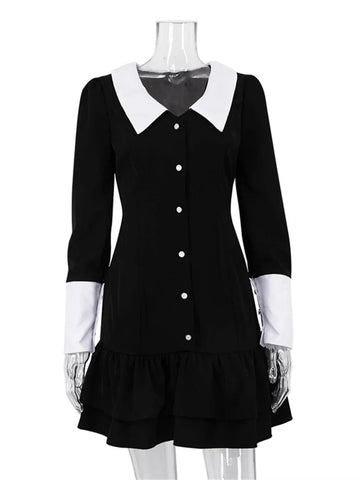 Tossy Vintage Kontrast Mini Kleid Weibliche Rüschen Patchwork Revers Elegante Club Kleid Bandage Langarm Mode Dünnes Kleid 2023 