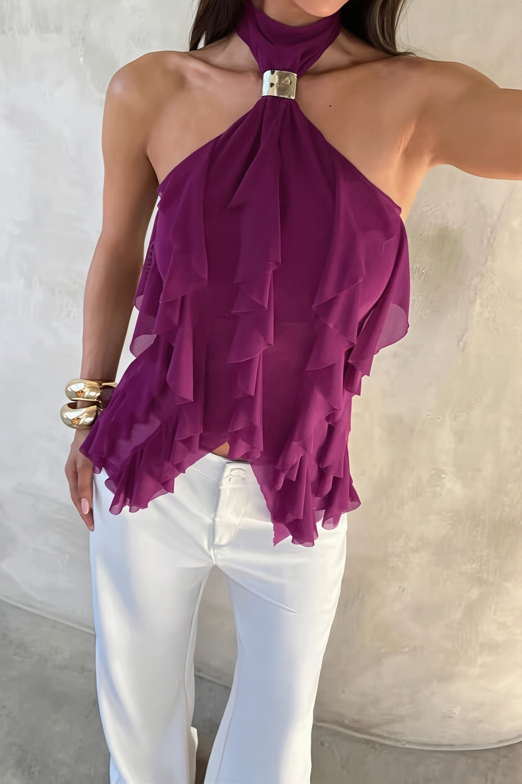 Solid High Waist Halter Backless Fitted Tank Top