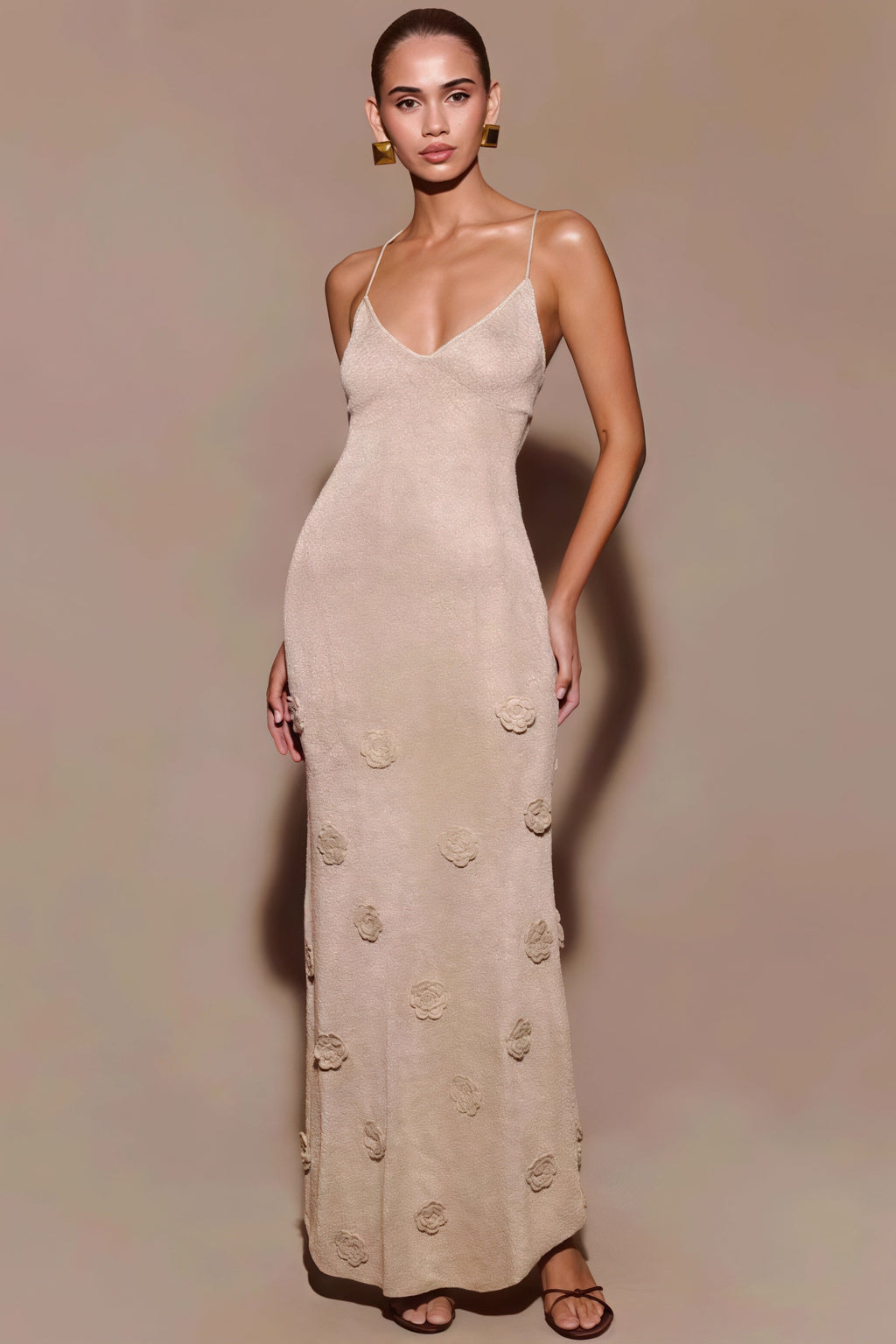 Solid Slim Knit Cami V Neck Maxi Dress