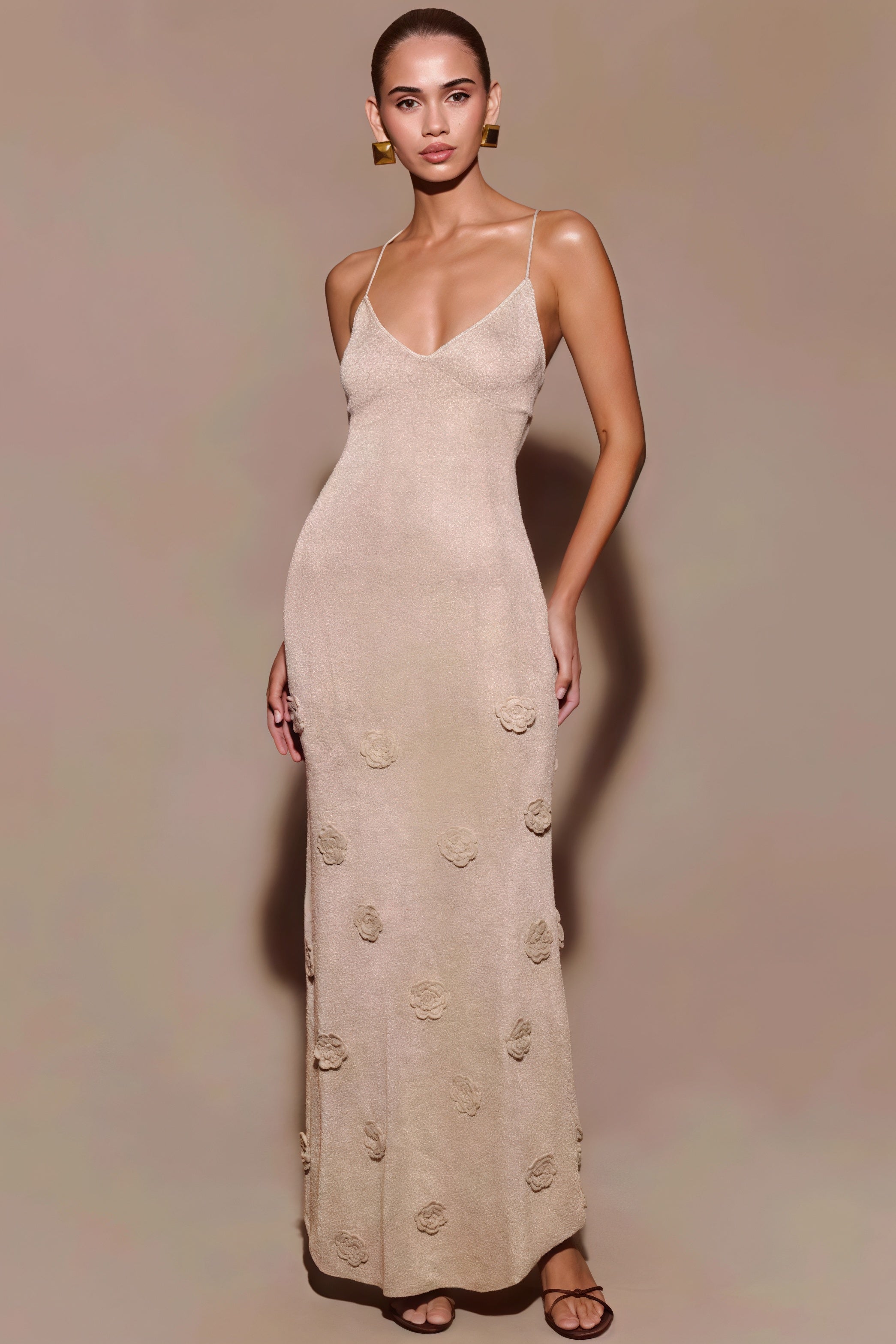 Solid Slim Knit Cami V Neck Maxi Dress