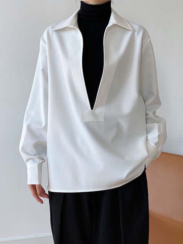 Long Sleeves Loose Solid Color Lapel Blouses