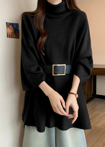 Eleganter senfgelber Rollkragenpullover, asymmetrisch, gemütlich, aus Baumwolle, Strickpullover, Frühling 