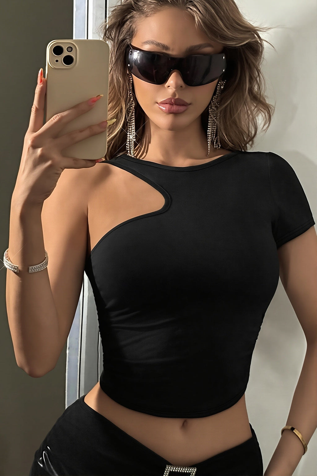 Cut Out Shoulder Cropped Top Sexy Slim Fit Blouse