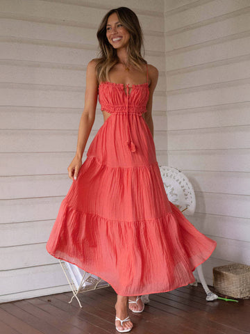 Vestido blanco con tirantes finos escalonados, aberturas y cordones, vestidos midi informales de verano 