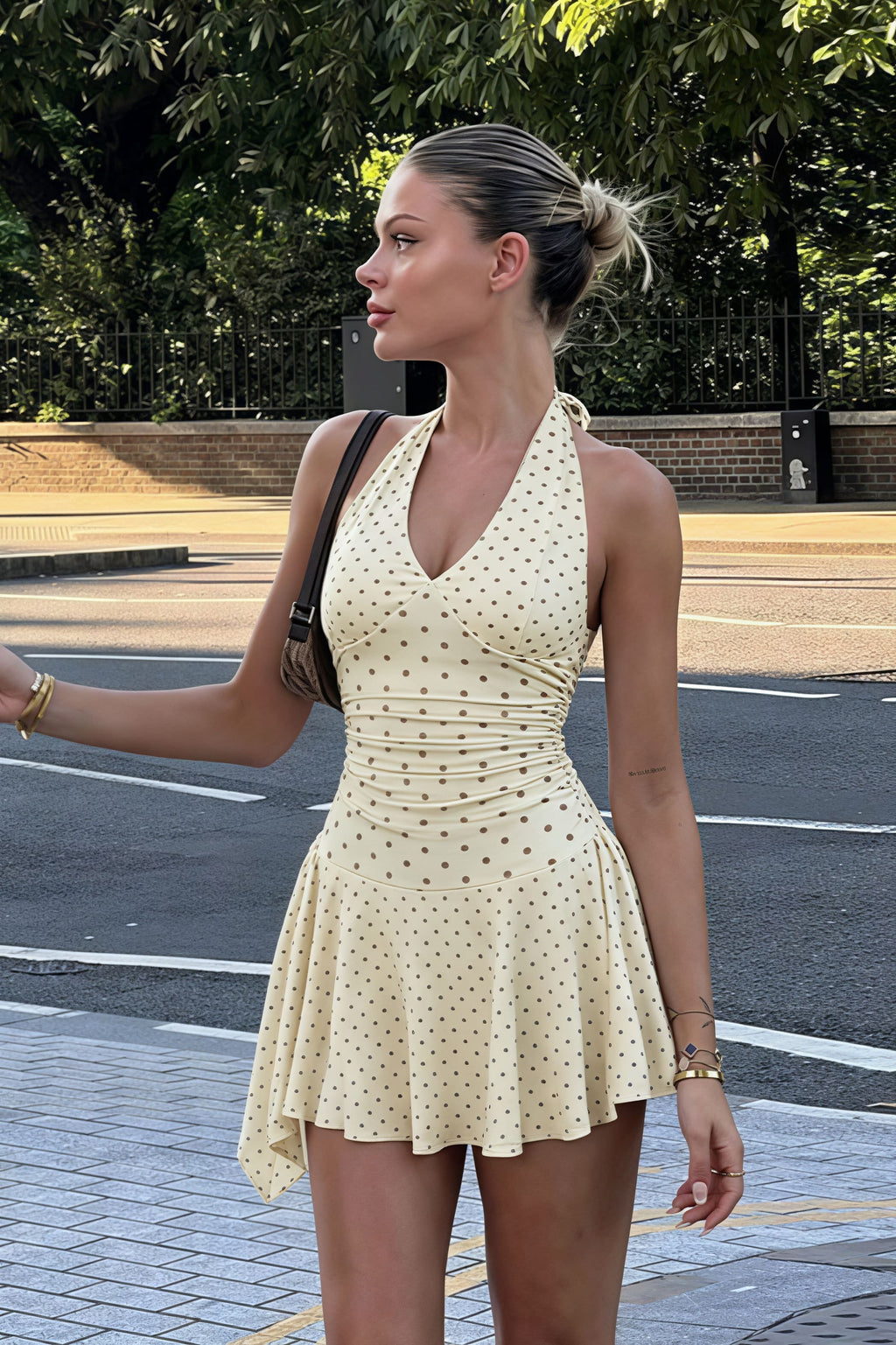 Elegant V-Neck Halter Neck Polka Dot Print Mini Dress