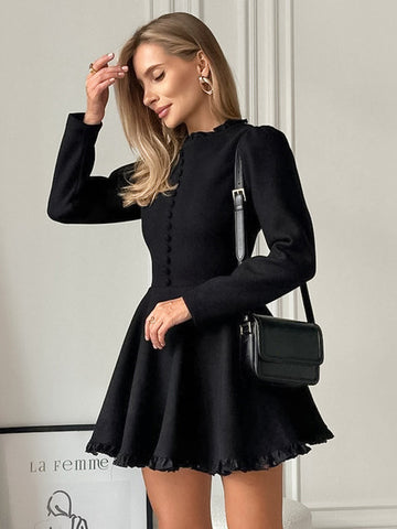 Skater Dresses Polyester Jewel Neck Ruffles Black Chic Long Sleeves Flared Dress Mini Dresses