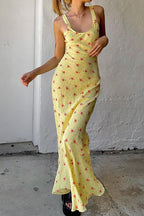 Casual U Neck Floral Print Ruched Cami Maxi Dress